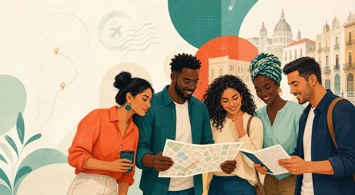Personas de diferentes países consultando una guía para vivir en España